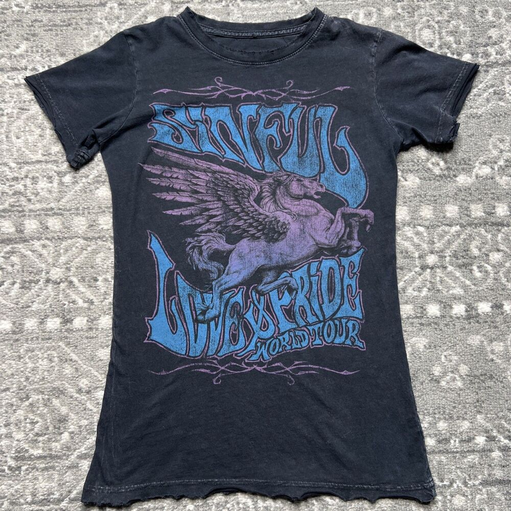 Affliction Sinful Love And Pride Tour T Shirt Women Small Rock Grunge Y2K Wings